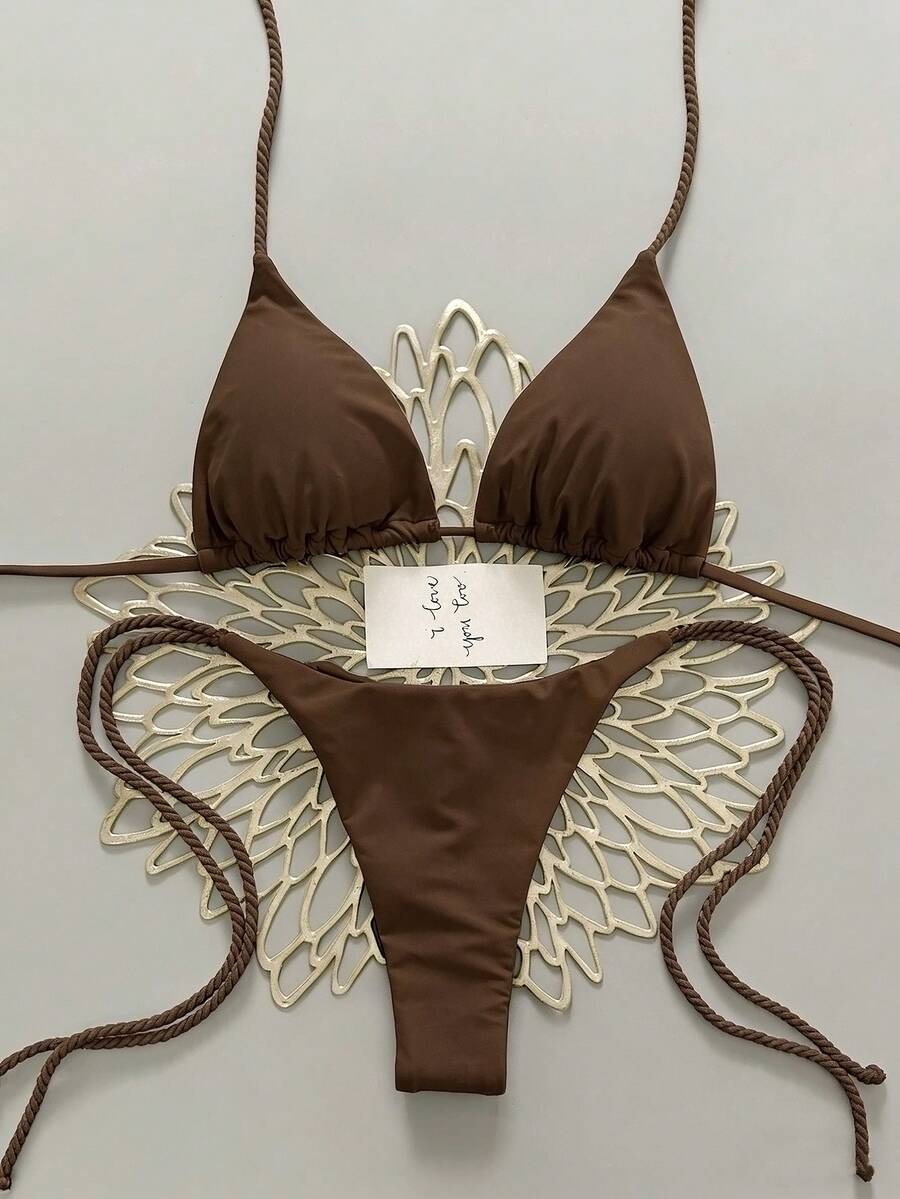 Swim Vcay 2pcs Women Apricot Bikini Swimwear Set, Handmade Rope Decor Swimwear Bikini Sets For Women Rouche Bathing Suit Bikini Alt