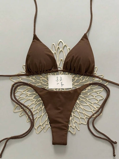 Swim Vcay 2pcs Women Apricot Bikini Swimwear Set, Handmade Rope Decor Swimwear Bikini Sets For Women Rouche Bathing Suit Bikini Alt