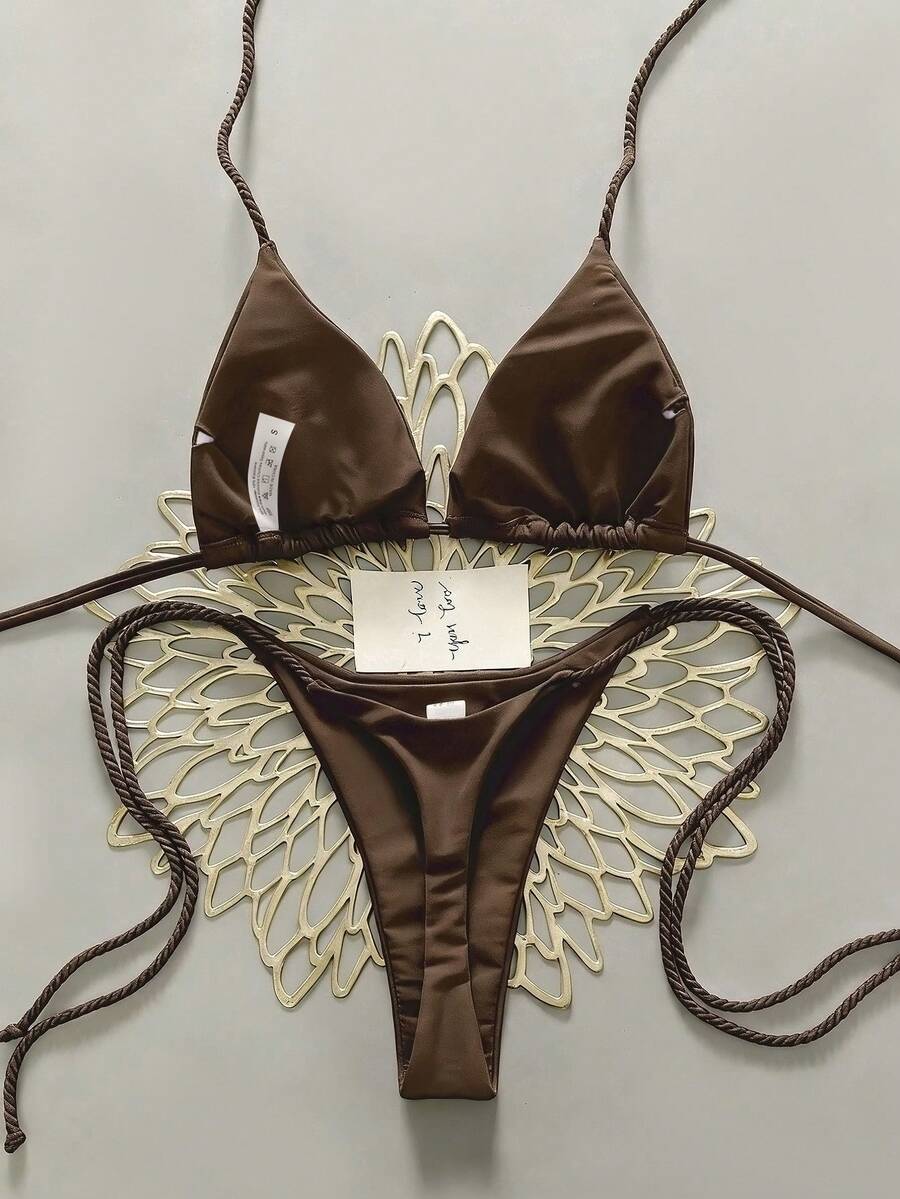 Swim Vcay 2pcs Women Apricot Bikini Swimwear Set, Handmade Rope Decor Swimwear Bikini Sets For Women Rouche Bathing Suit Bikini Alt