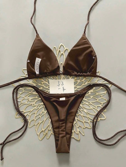 Swim Vcay 2pcs Women Apricot Bikini Swimwear Set, Handmade Rope Decor Swimwear Bikini Sets For Women Rouche Bathing Suit Bikini Alt