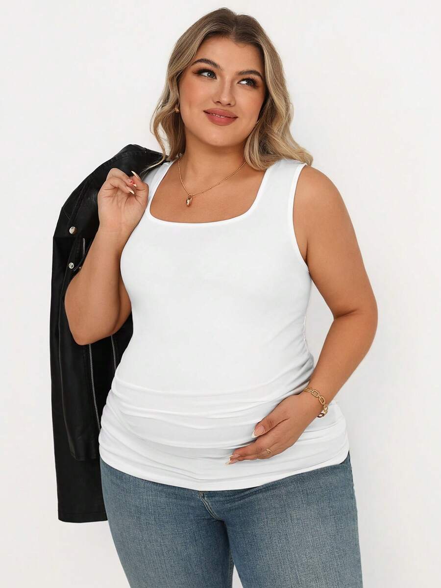 Maternity Plus Size 3-Piece Casual Set - Square Neck, Pleated, Slim Fit, Multicolor
