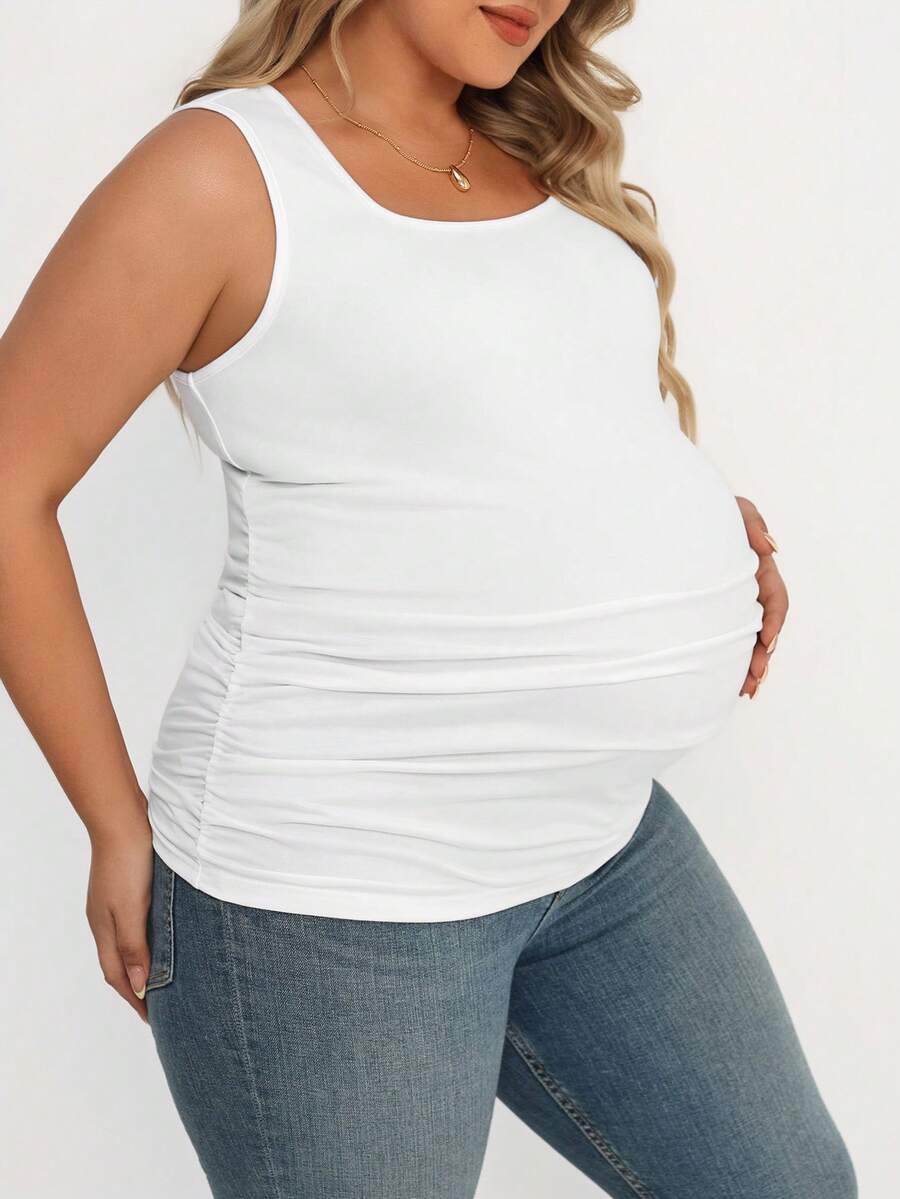 Maternity Plus Size 3-Piece Casual Set - Square Neck, Pleated, Slim Fit, Multicolor