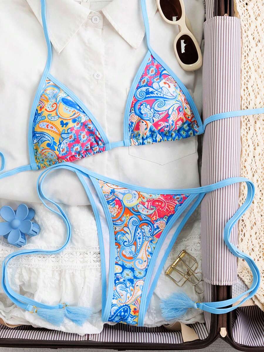 Swim Vcay Women's Summer Vacation Beach Paisley Print Halter Neck Bikini Set