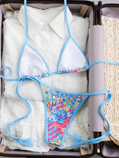 Swim Vcay Women's Summer Vacation Beach Paisley Print Halter Neck Bikini Set