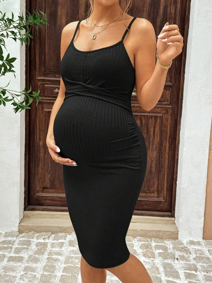 Maternity Cami Mini Dress - Sleeveless Spaghetti Strap Slim Fit Summer Beach Dress with Matching Arm Sleeves