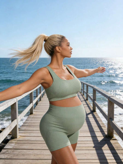 Maternity Sports Set - Cross-Back Bra & High Waist Shorts, Textured, Slim Fit, Green