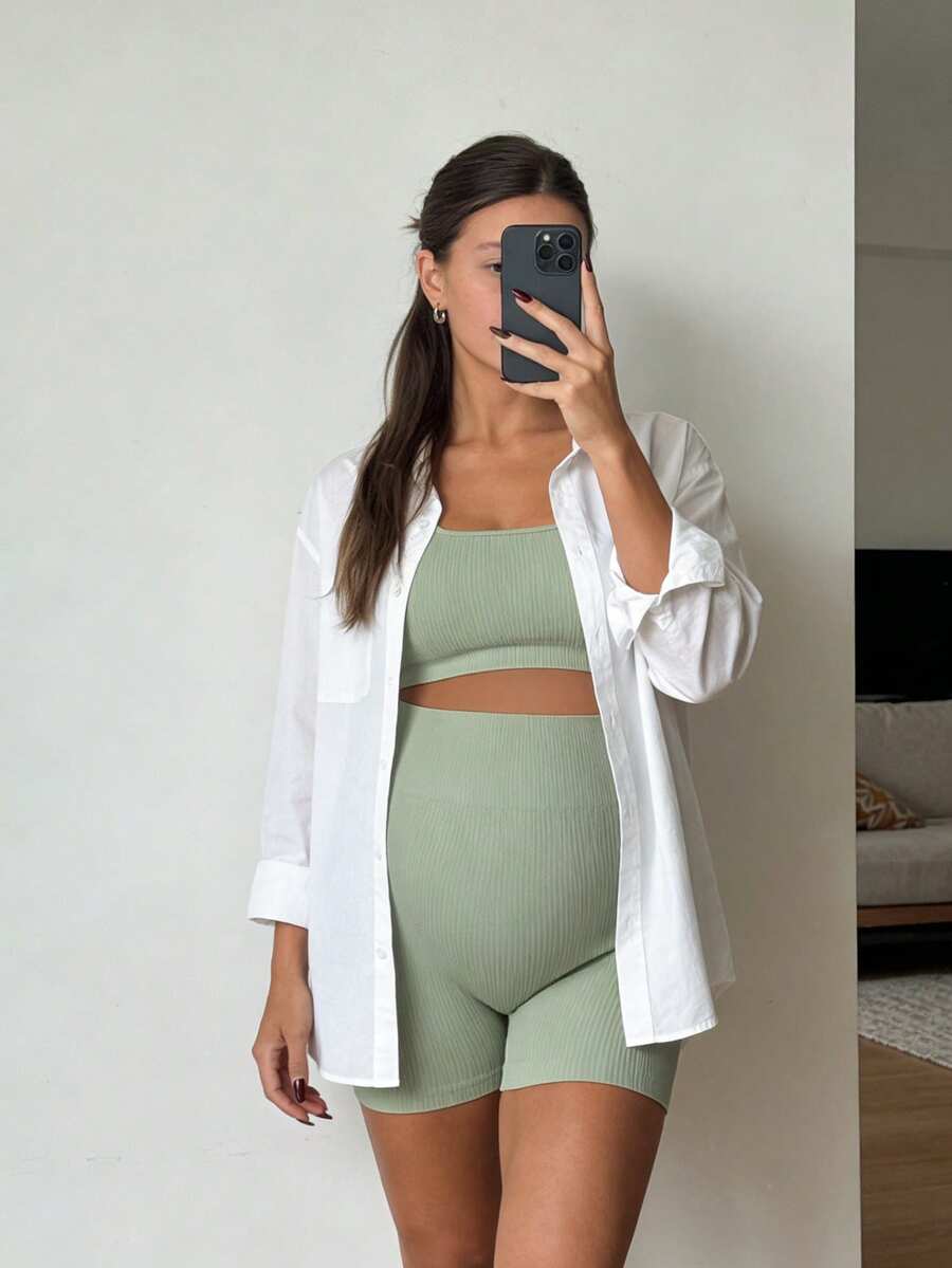 Maternity Sports Set - Cross-Back Bra & High Waist Shorts, Textured, Slim Fit, Green