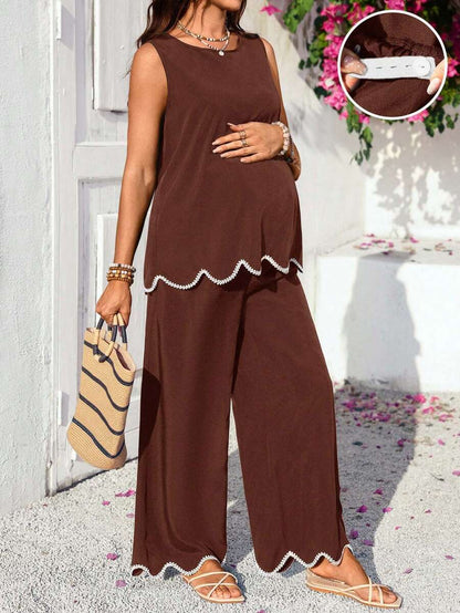 Blue and White Striped Maternity 2-Piece Set - Sleeveless Camisole and Long Pants - Casual Beach Vacation Outfit for Pregnant Women