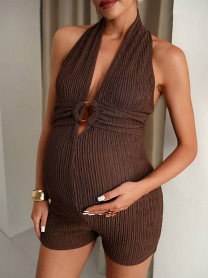 Maternity Jumpsuit - Brown Highly Elastic Comfortable Elegant Casual Halter Backless, Summer