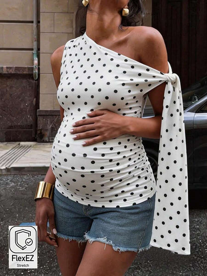 Polka Dot Maternity Twist Front Asymmetric Neck T-Shirt - Sleeveless Lace Up Split Sleeve Stylish Holiday Top