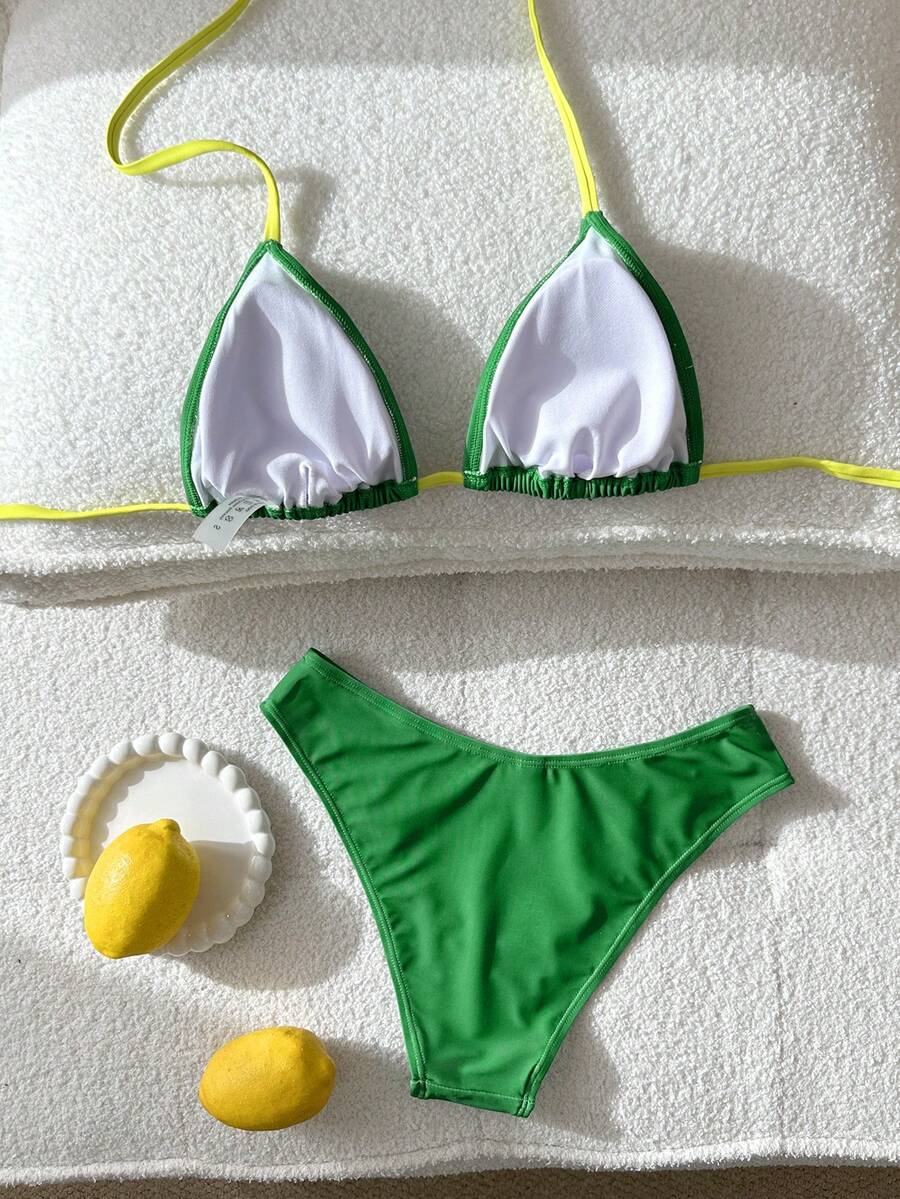 Swim Vcay 2026 Spring/Summer Women's Spaghetti Strap Halter Neck Black Base White Polka Dot Random Print Sweet Cute Side High Cut Bikini Swimwear 2-Piece Set Vacation Bikini Set Pink Bikini Set High Leg Bikini Set Modest Bikini Set Bikini Set
