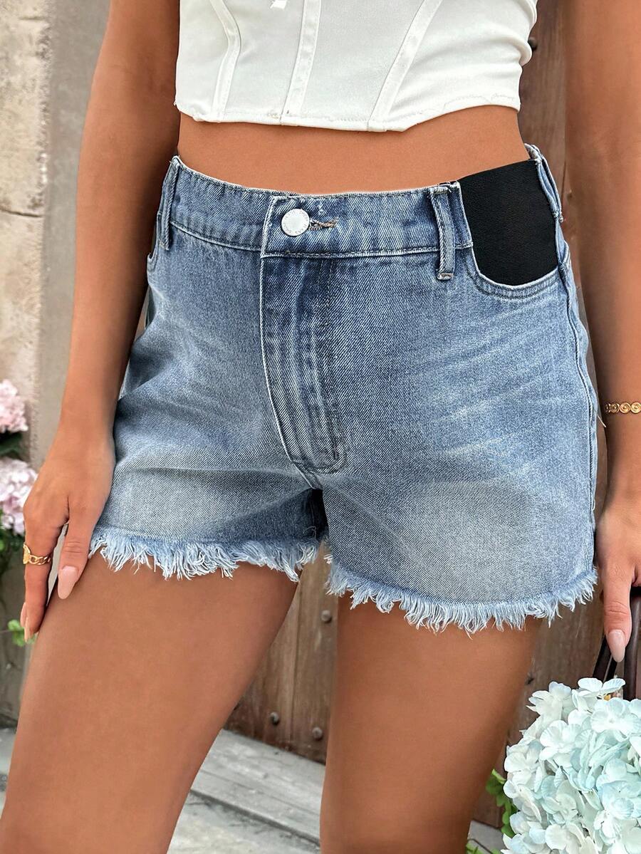 Black Maternity Denim Shorts with Frayed Hem – Casual High-Waisted Mini Shorts with Belt Loops & Zipper Fly – 67% Cotton Summer Essential