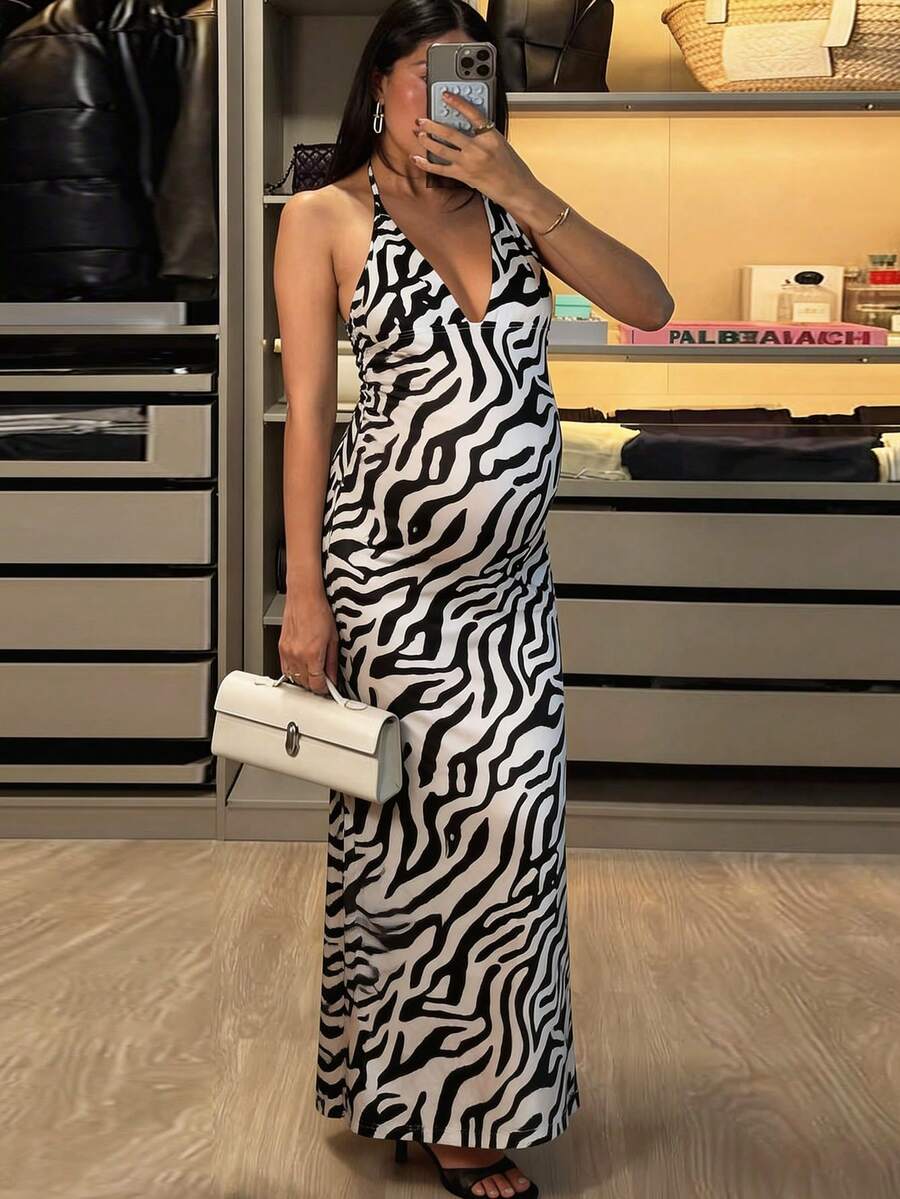 Maternity Zebra Print Backless Criss-Cross Dress,Black And White Summer Elegant Girlism Night Out Club Outfits,Bump Friendly Pregnancy Wedding Guest