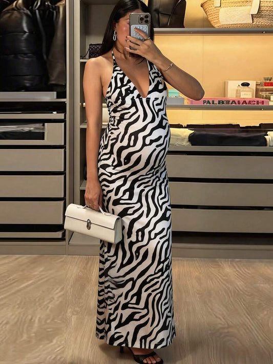 Maternity Zebra Print Backless Criss-Cross Dress,Black And White Summer Elegant Girlism Night Out Club Outfits,Bump Friendly Pregnancy Wedding Guest