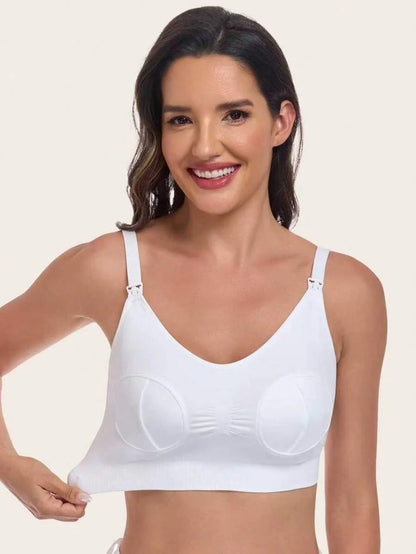 White Hands-Free Nursing Bra With Breast Pump, Front Clasp Maternity Breastfeeding Bra (Bottle Is A Prop)