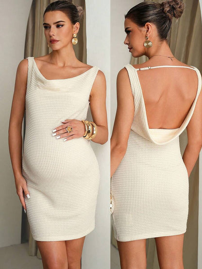 Maternity Elegant White Dress,Summer Pregnant Solid Plunging Neckline Backless Sleeveless Fashionable Bump Friendly Pregnancy Dress For Photoshoot