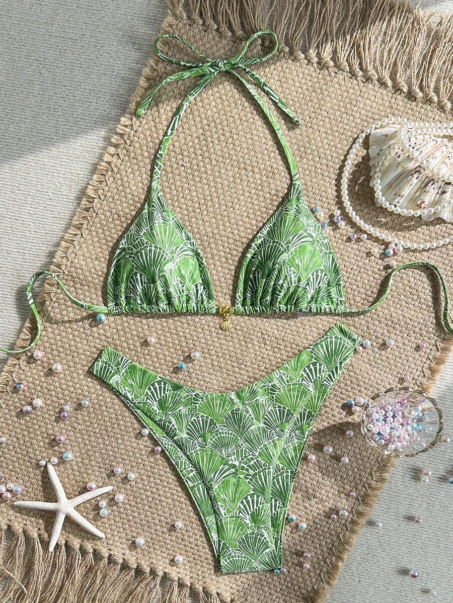 Swim Vcay Swim Mod Summer 2pcs Halter Random Floral Print & High Cut Bottoms Bikini Set, Beach Vacation