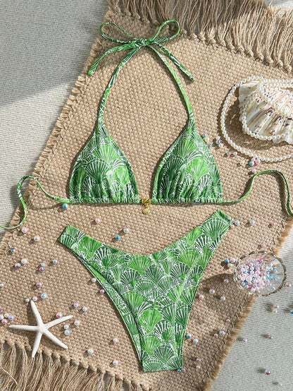 Swim Mod Summer 2 Pieces Outfits For Women - Spaghetti Strap Random Print Top And High Cut Swim Bottoms, Beach Holiday Bikini Set