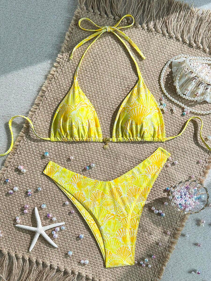 Swim Vcay Swim Mod Summer 2pcs Halter Random Floral Print & High Cut Bottoms Bikini Set, Beach Vacation