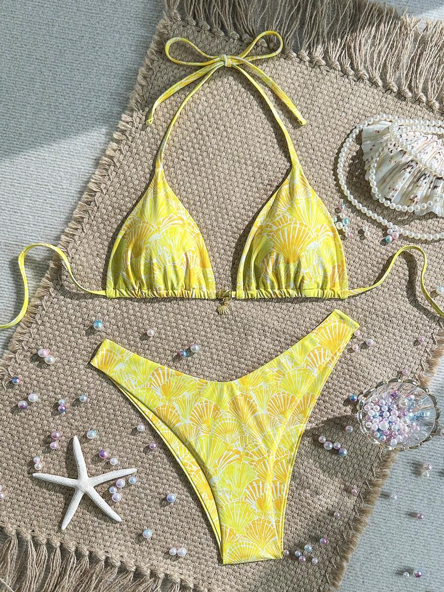 Swim Mod Summer 2 Pieces Outfits For Women - Spaghetti Strap Random Print Top And High Cut Swim Bottoms, Beach Holiday Bikini Set