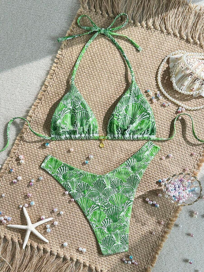 Swim Mod Summer 2 Pieces Outfits For Women - Spaghetti Strap Random Print Top And High Cut Swim Bottoms, Beach Holiday Bikini Set