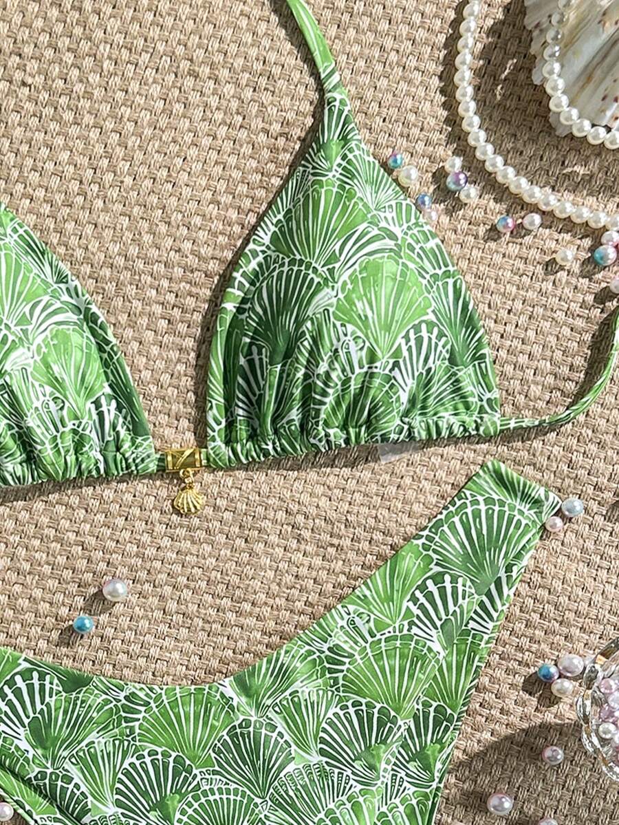 Swim Vcay Swim Mod Summer 2pcs Halter Random Floral Print & High Cut Bottoms Bikini Set, Beach Vacation