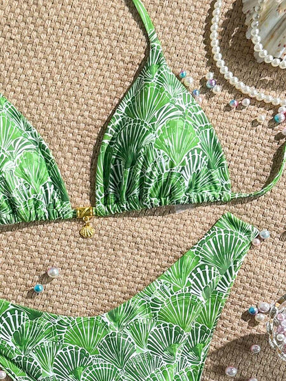 Swim Vcay Swim Mod Summer 2pcs Halter Random Floral Print & High Cut Bottoms Bikini Set, Beach Vacation