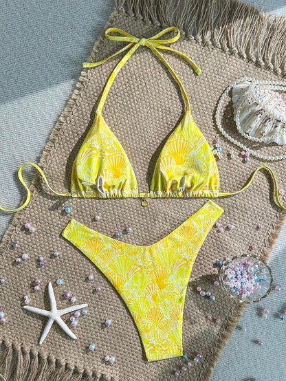 Swim Mod Summer 2 Pieces Outfits For Women - Spaghetti Strap Random Print Top And High Cut Swim Bottoms, Beach Holiday Bikini Set