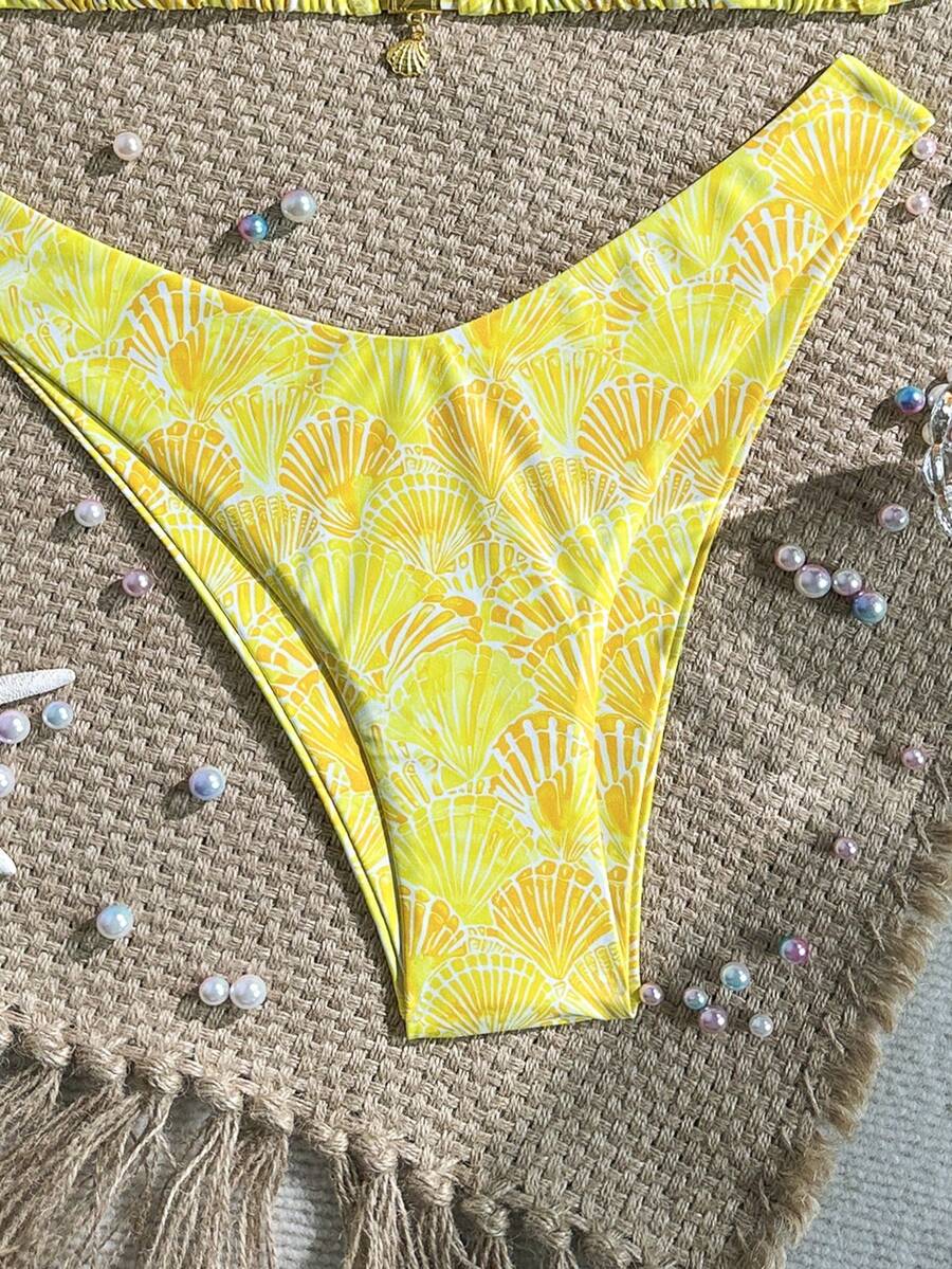 Swim Vcay Swim Mod Summer 2pcs Halter Random Floral Print & High Cut Bottoms Bikini Set, Beach Vacation