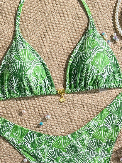 Swim Vcay Swim Mod Summer 2pcs Halter Random Floral Print & High Cut Bottoms Bikini Set, Beach Vacation