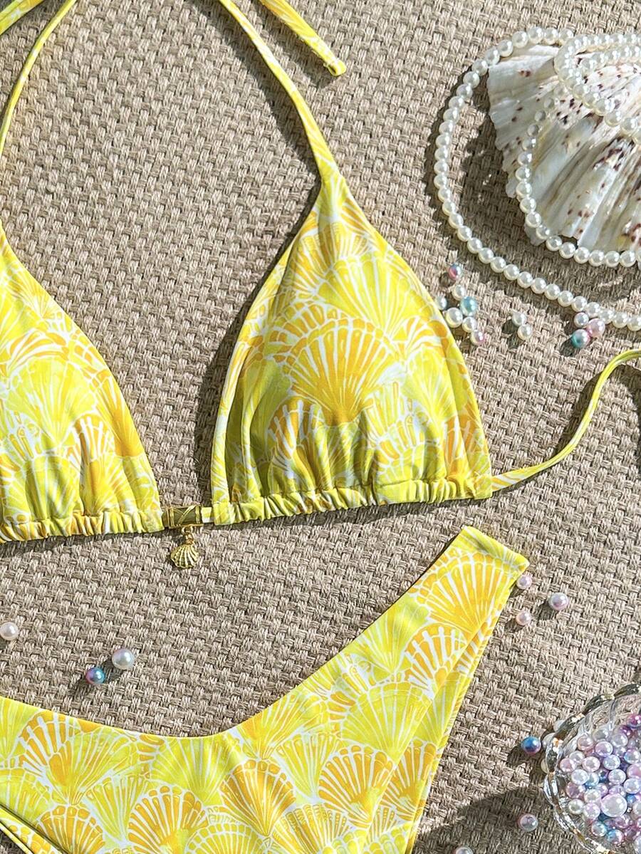 Swim Vcay Swim Mod Summer 2pcs Halter Random Floral Print & High Cut Bottoms Bikini Set, Beach Vacation