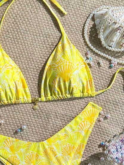 Swim Vcay Swim Mod Summer 2pcs Halter Random Floral Print & High Cut Bottoms Bikini Set, Beach Vacation