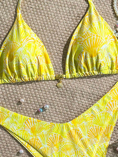 Swim Mod Summer 2 Pieces Outfits For Women - Spaghetti Strap Random Print Top And High Cut Swim Bottoms, Beach Holiday Bikini Set