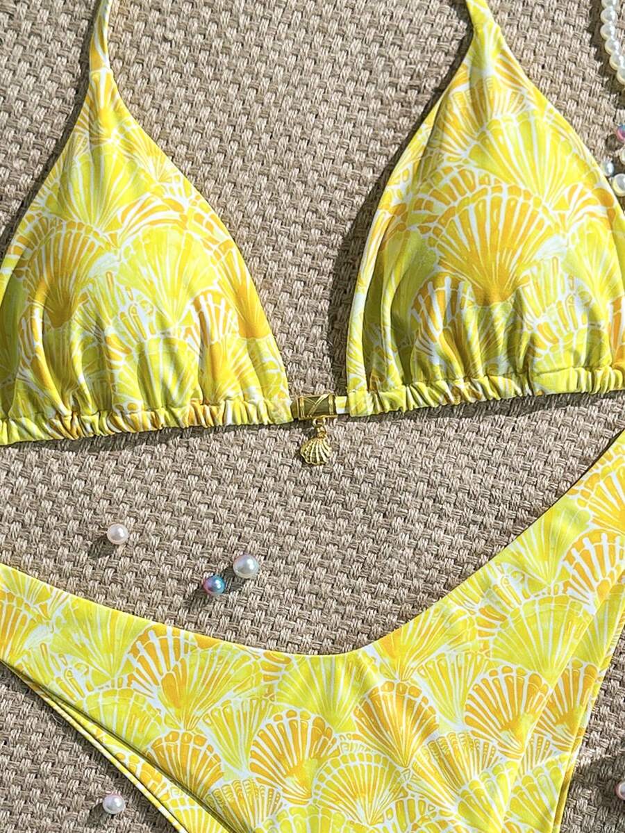 Swim Vcay Swim Mod Summer 2pcs Halter Random Floral Print & High Cut Bottoms Bikini Set, Beach Vacation