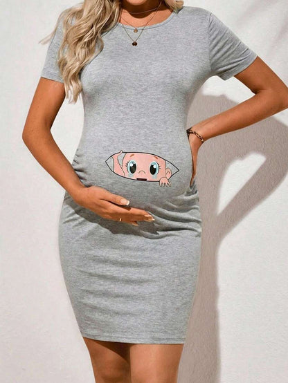 Cute Cartoon Animal Print Short Sleeve Maternity Bodycon Dress Slim Fit Ruched Mid Waist Black Long Pencil Hem Knitted Casual Maternity Gown