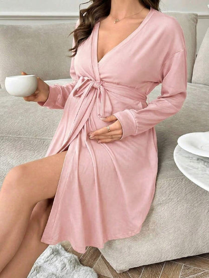 Maternity Long Sleeve Belted Lounge Robe Women Soft Solid Color Fall Winter Sleepwear Coat