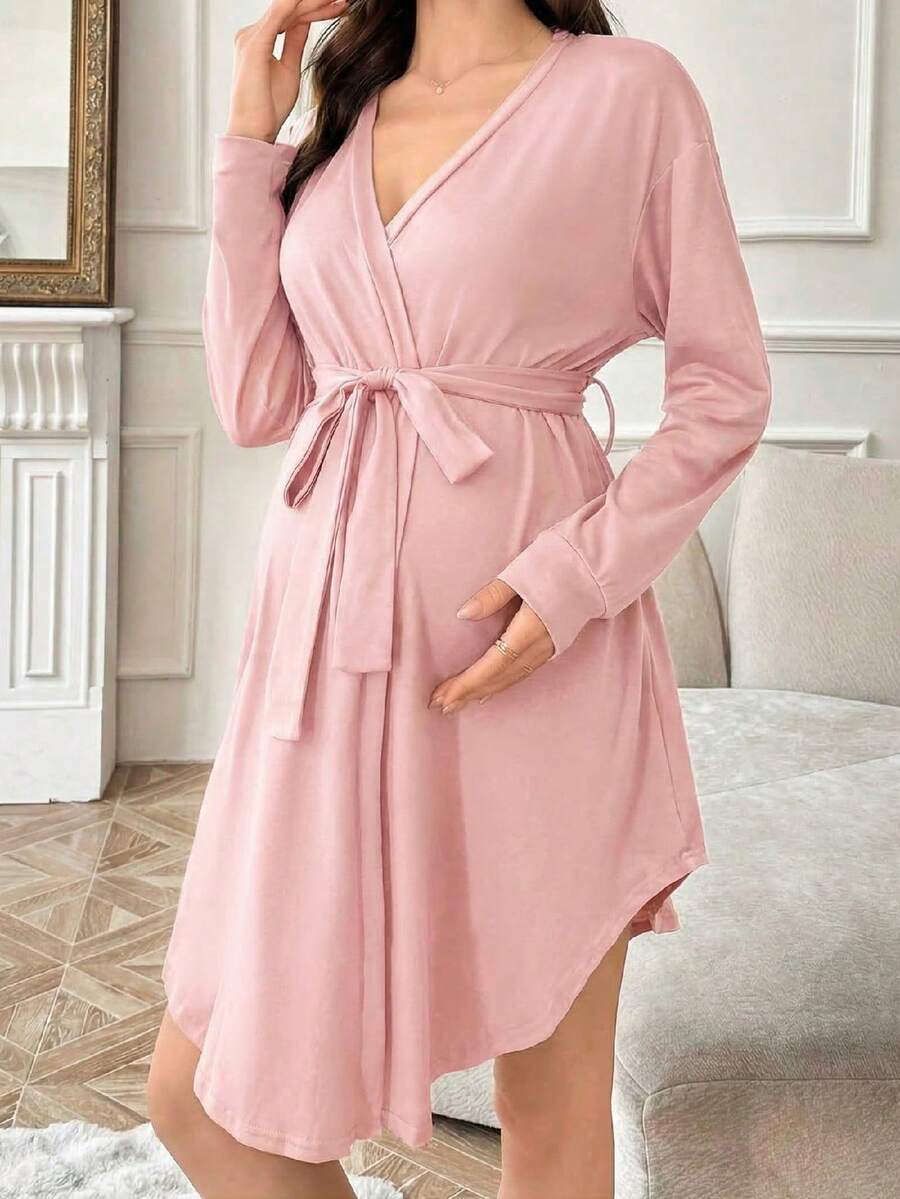 Maternity Long Sleeve Belted Lounge Robe Women Soft Solid Color Fall Winter Sleepwear Coat