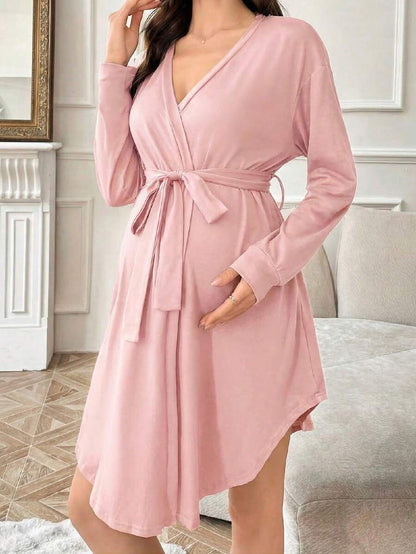 Maternity Long Sleeve Belted Lounge Robe Women Soft Solid Color Fall Winter Sleepwear Coat
