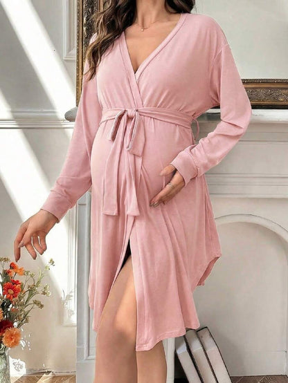 Maternity Long Sleeve Belted Lounge Robe Women Soft Solid Color Fall Winter Sleepwear Coat