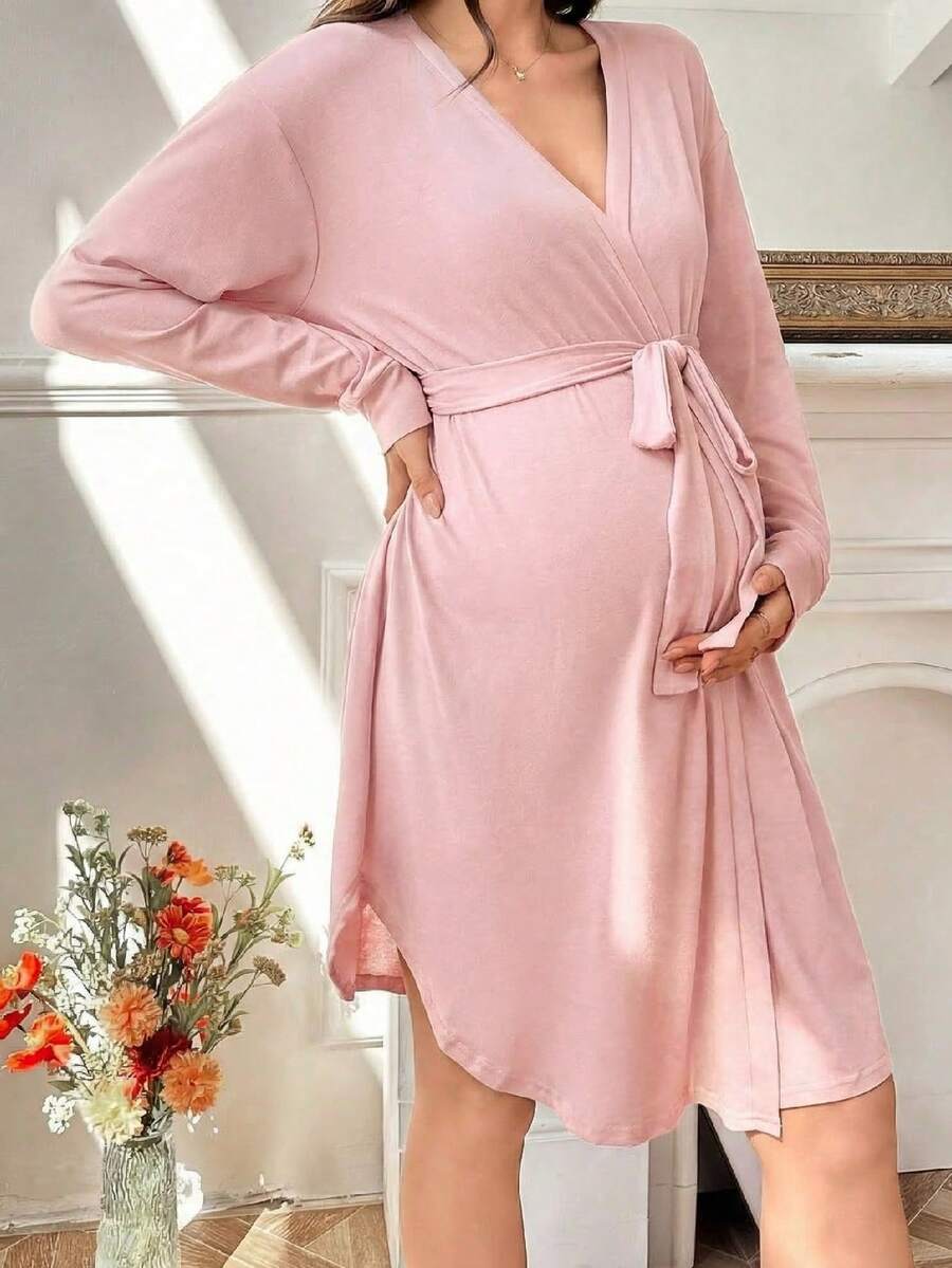 Maternity Long Sleeve Belted Lounge Robe Women Soft Solid Color Fall Winter Sleepwear Coat