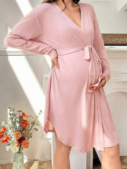 Maternity Long Sleeve Belted Lounge Robe Women Soft Solid Color Fall Winter Sleepwear Coat