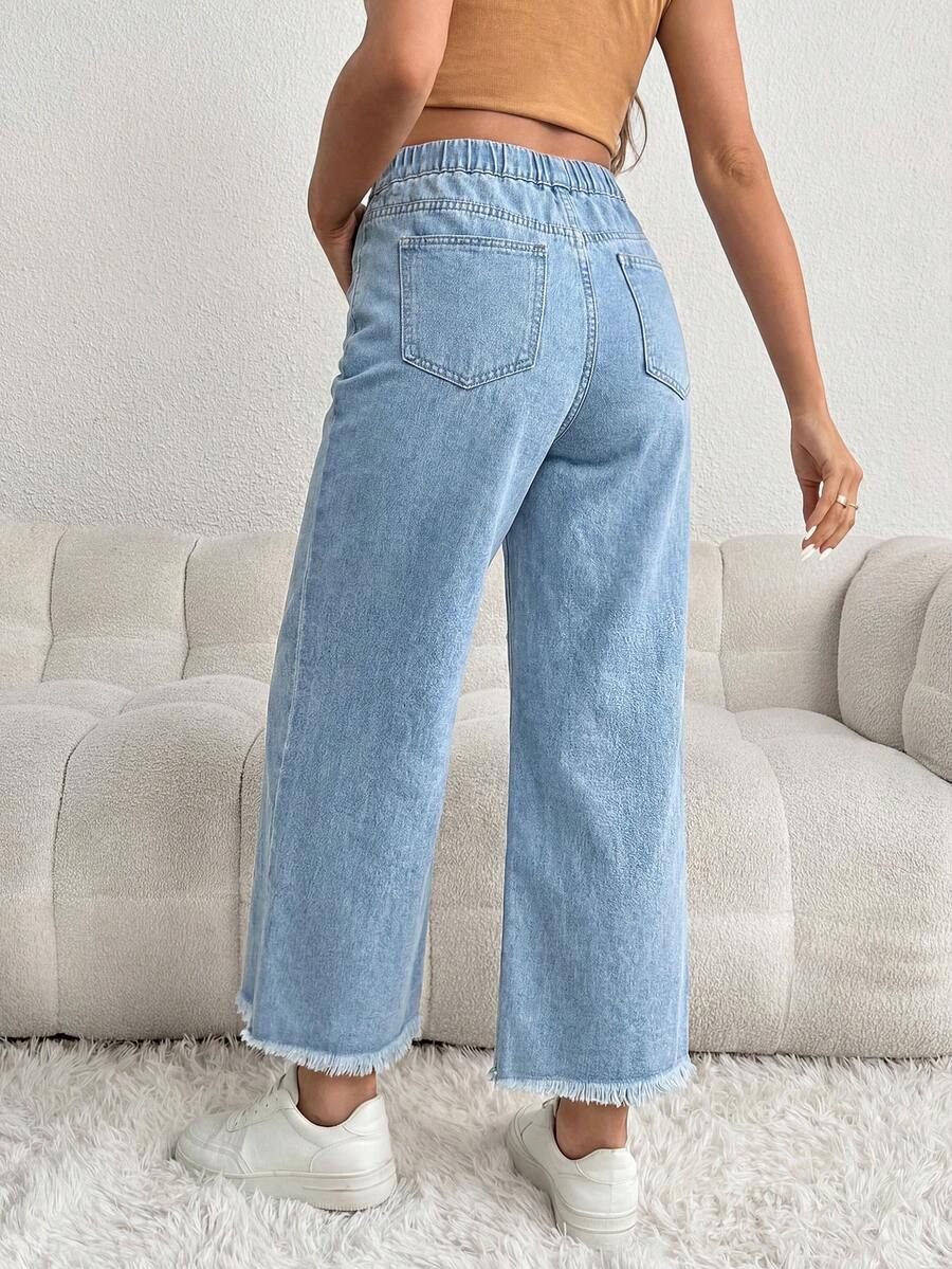 Maternity Denim Pants - Loose Fit, Elastic Waist, Cropped, White