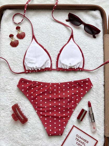 Swim Vcay Women's Summer New Contrast Color Striped Sexy Halter Triangle Cup Bikini Set