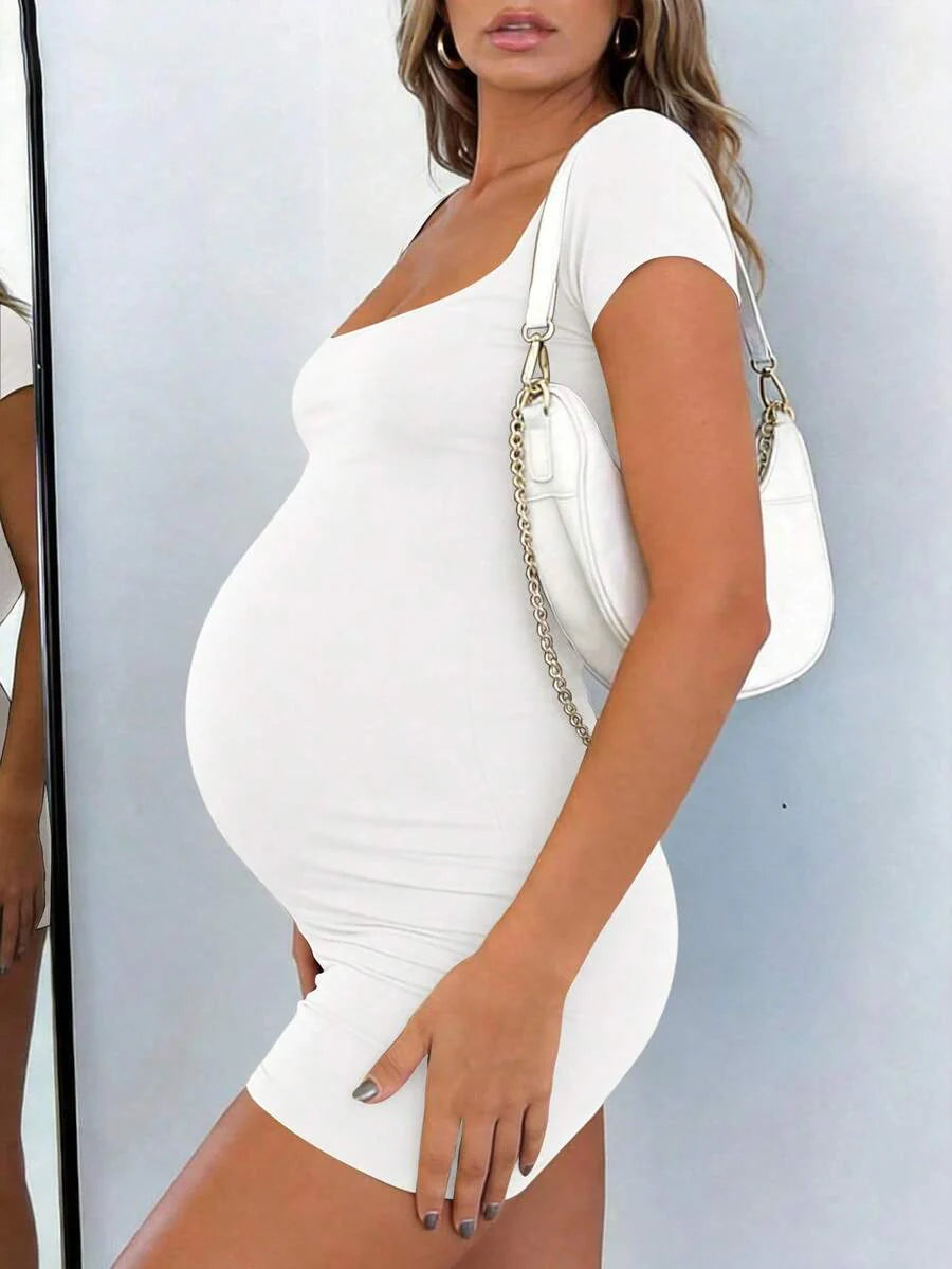 Maternity Short Sleeve Square Neck Skinny Jumpsuit High Stretch Casual Athletic Romper for Sports Daily Wear and Halloween