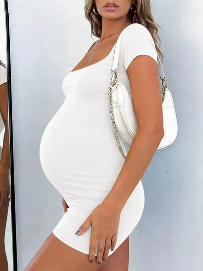 Maternity Short Sleeve Square Neck Skinny Jumpsuit High Stretch Casual Athletic Romper for Sports Daily Wear and Halloween