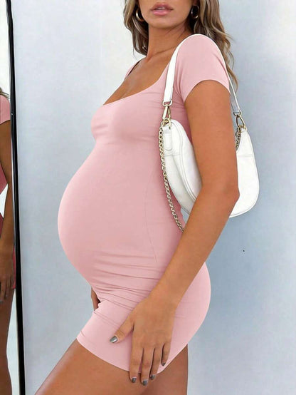 Maternity Short Sleeve Square Neck Skinny Jumpsuit High Stretch Casual Athletic Romper for Sports Daily Wear and Halloween