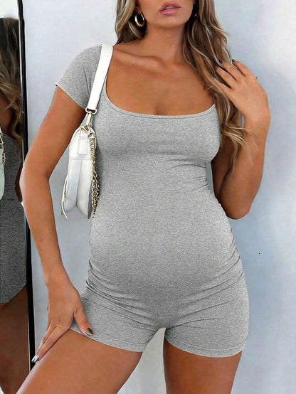 Maternity Short Sleeve Square Neck Skinny Jumpsuit High Stretch Casual Athletic Romper for Sports Daily Wear and Halloween