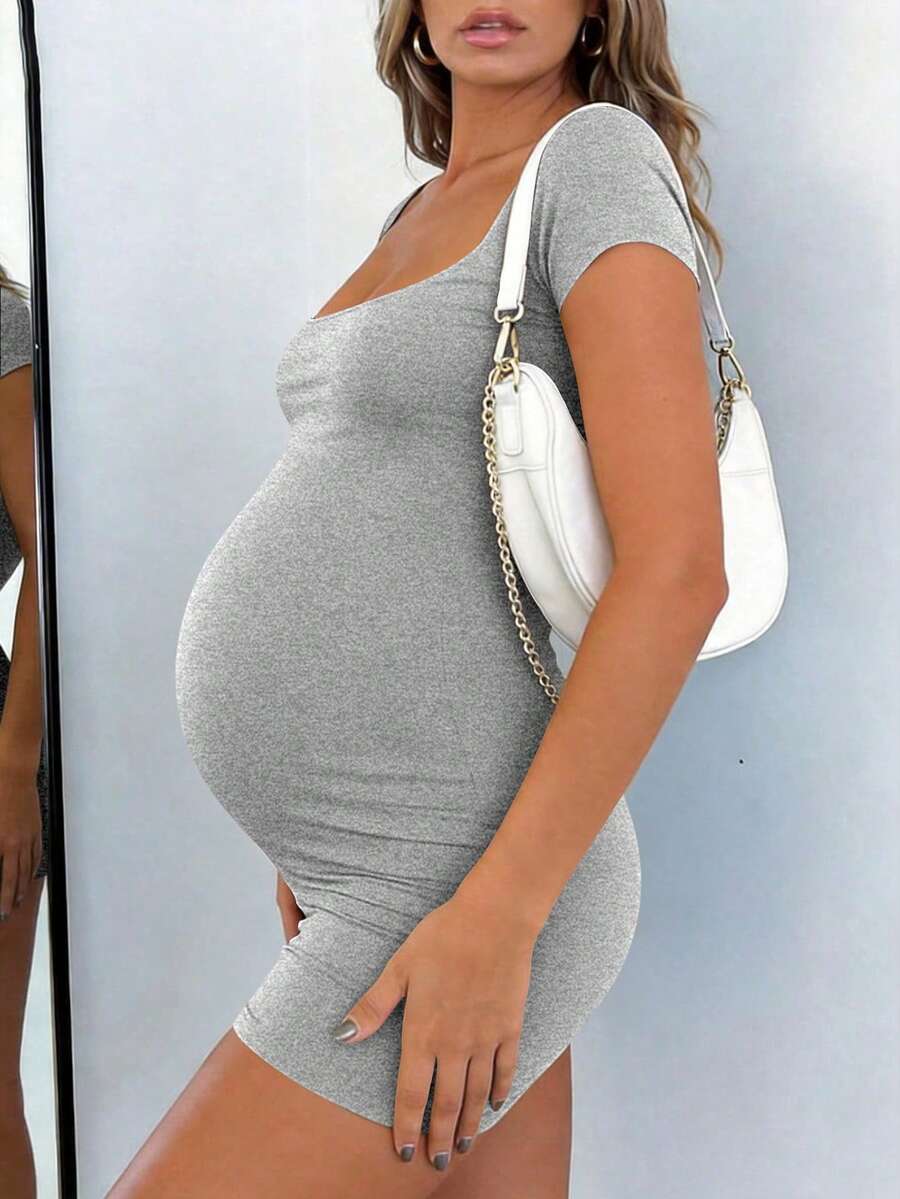 Maternity Short Sleeve Square Neck Skinny Jumpsuit High Stretch Casual Athletic Romper for Sports Daily Wear and Halloween