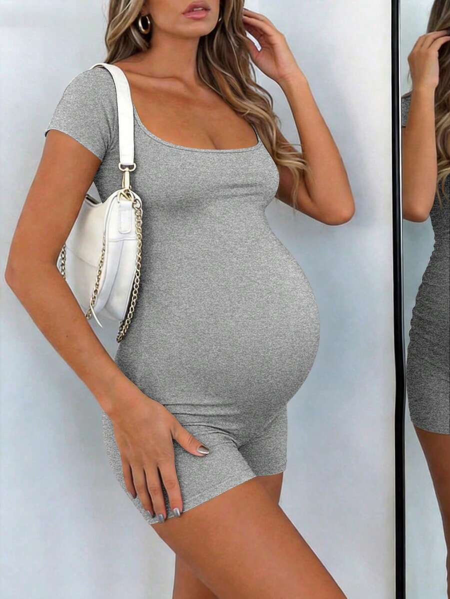 Maternity Short Sleeve Square Neck Skinny Jumpsuit High Stretch Casual Athletic Romper for Sports Daily Wear and Halloween