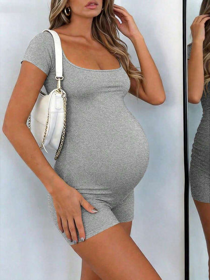 Maternity Short Sleeve Square Neck Skinny Jumpsuit High Stretch Casual Athletic Romper for Sports Daily Wear and Halloween